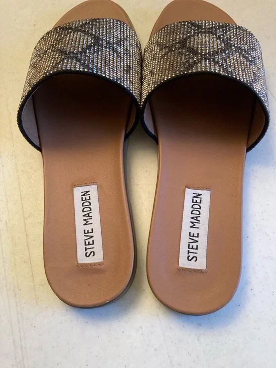 Steve Madden Embellished Snake-Print Slide Sandals - Black/Tan - Picture 7 of 7